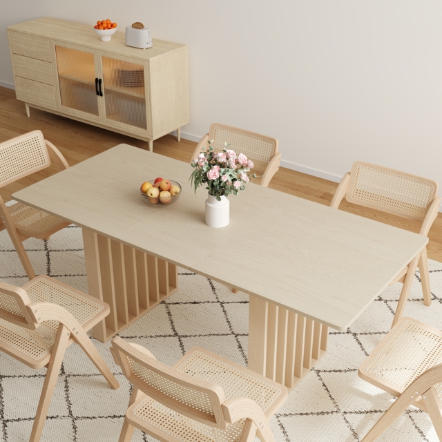 Whitewashed Rattan Table Japandi Extendable Whitewash Dining Table & 6 Dining Chairs Set Folding ...