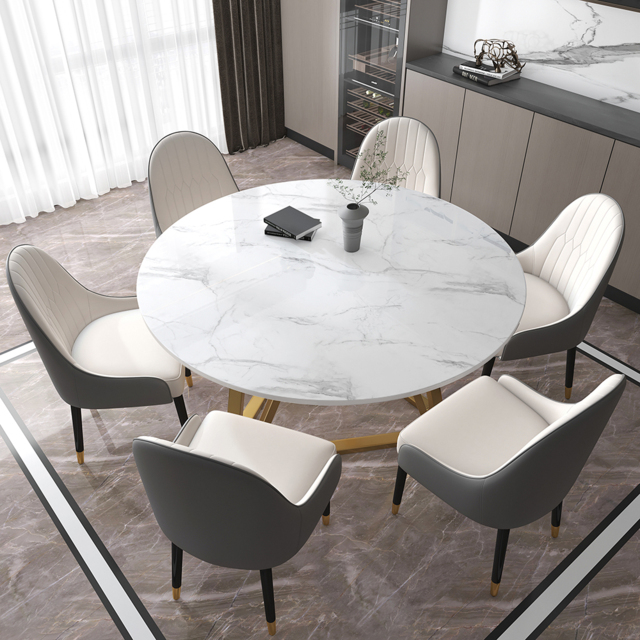 "53"" White Modern Round Faux Marble Dining Table with Stainless Steel ...