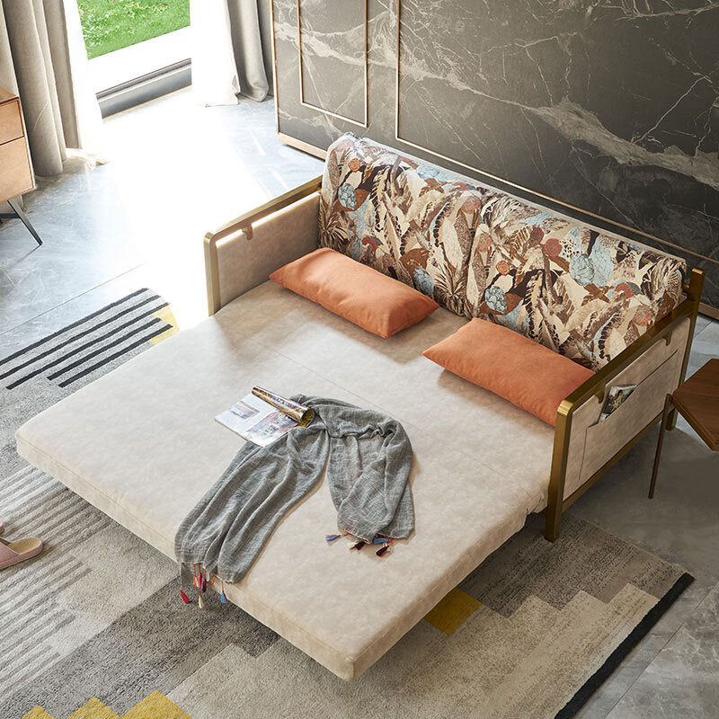 Modern Convertible Full Sleeper Gold Metal Beige Upholstered Sofa Bed ...