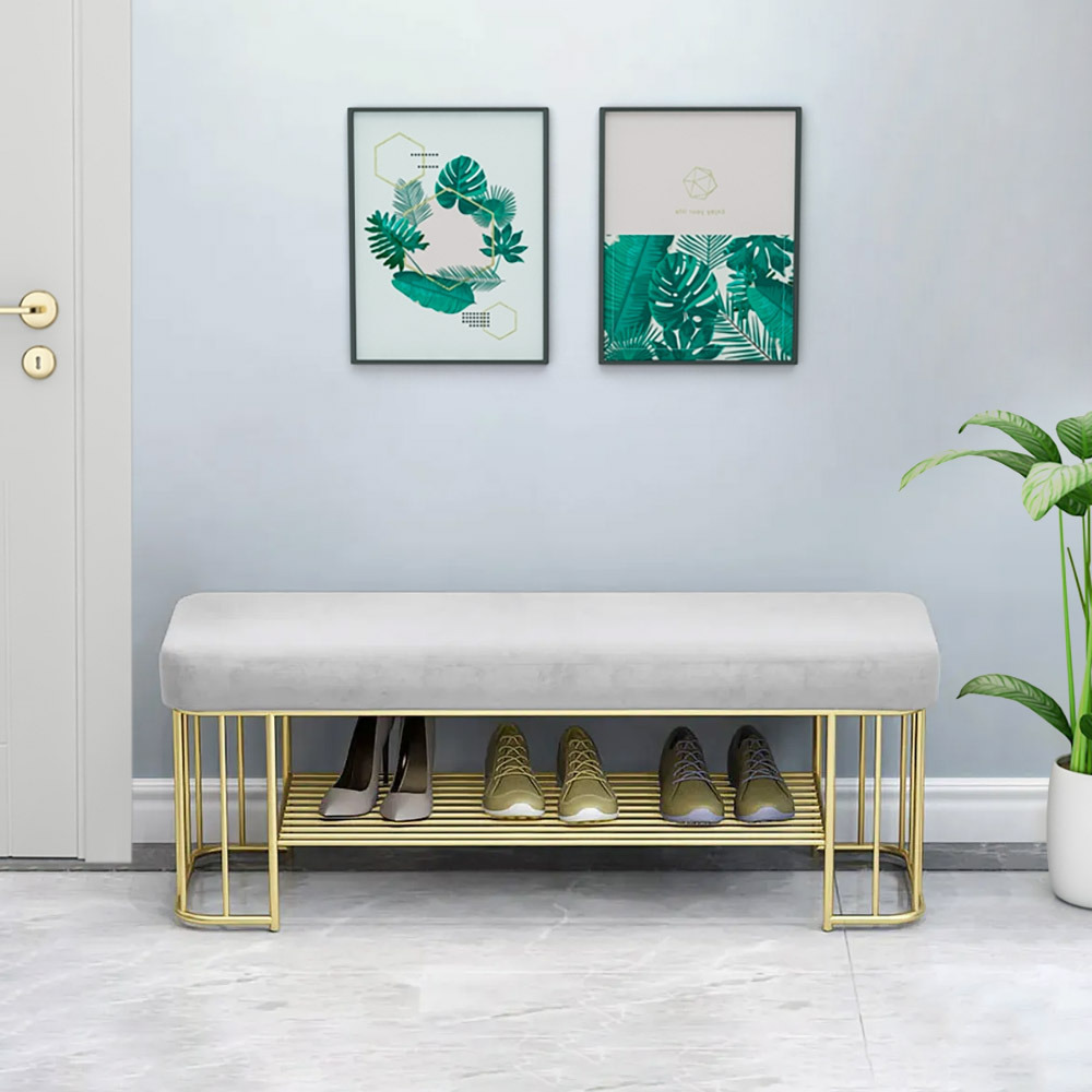 Modern Grey Hallway Bench with Shoe Storage Velvet Upholstered with Gold  Frame and Shelf by Homary | ufurnish.com