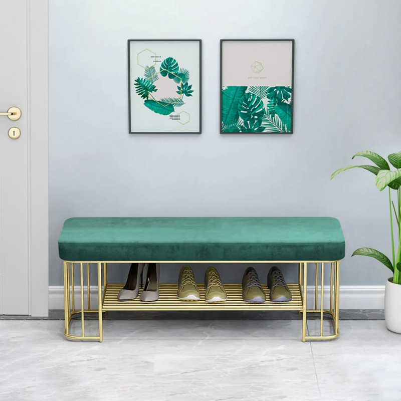 Modern Green Storage Bench Hallway Bench Velvet Upholstered with Golden