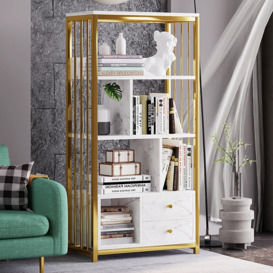 Modern White Bookshelf  Wood Book Shelf with 2 Drawers & Ample Open Storage in Gold Metal Frame