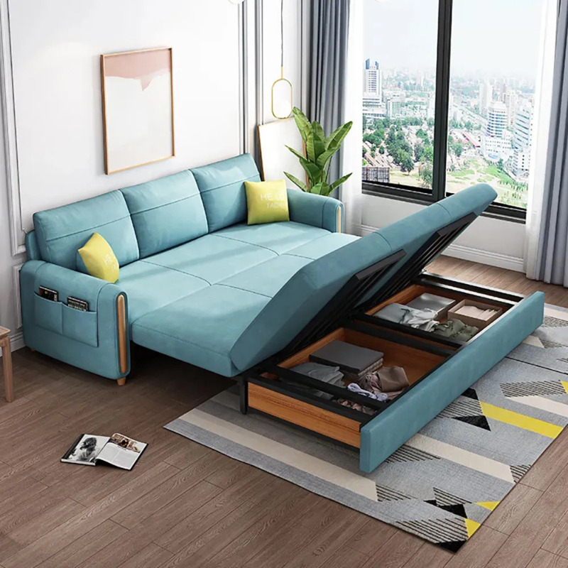 2060mm Blue Arm Full Sleeper Sofa Bed with Storage&Side Pockets by