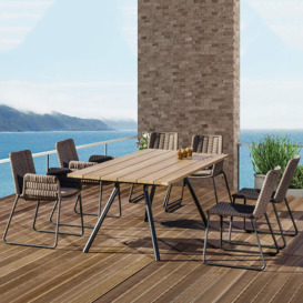 7 Pieces Aluminium Outdoor Patio Dining Set with Teak Wood Top Table and Rope Chairs