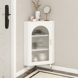 Modern White Corner Floor Display Cabinet with Storage & Fluted Glass Door & Shelves & Faux Marble Top