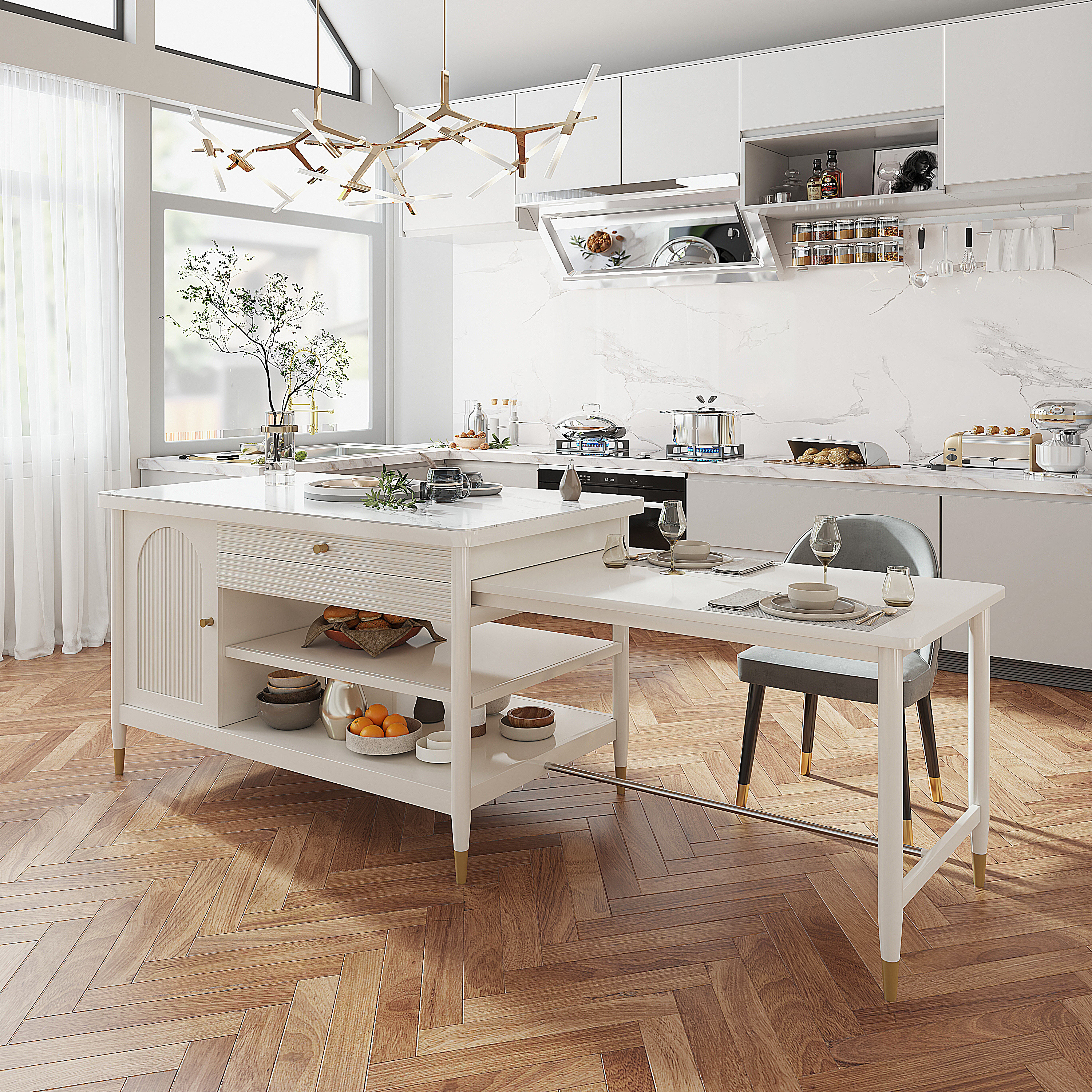 Modern 1525mm Extendable White Kitchen Island with Storage Faux Marble ...