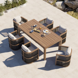 7 Pieces Outdoor Dining Set For 6 with Teak Top Table and Rope Woven Armchair in Natural