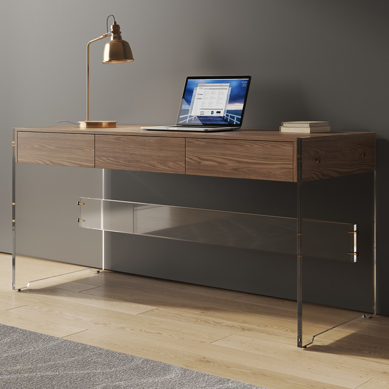 1500mm Acrylic and Wood Floating Desk with 3 Drawers Walnut & Lucite