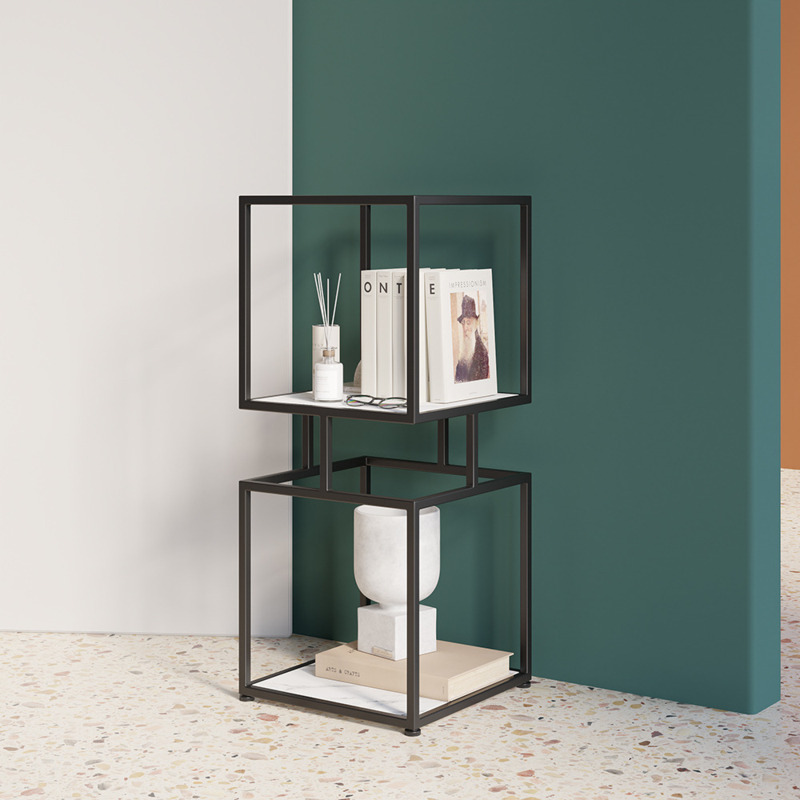 2Tier Modern Black Cube Bookcase with Metal Tower Display Shelf by