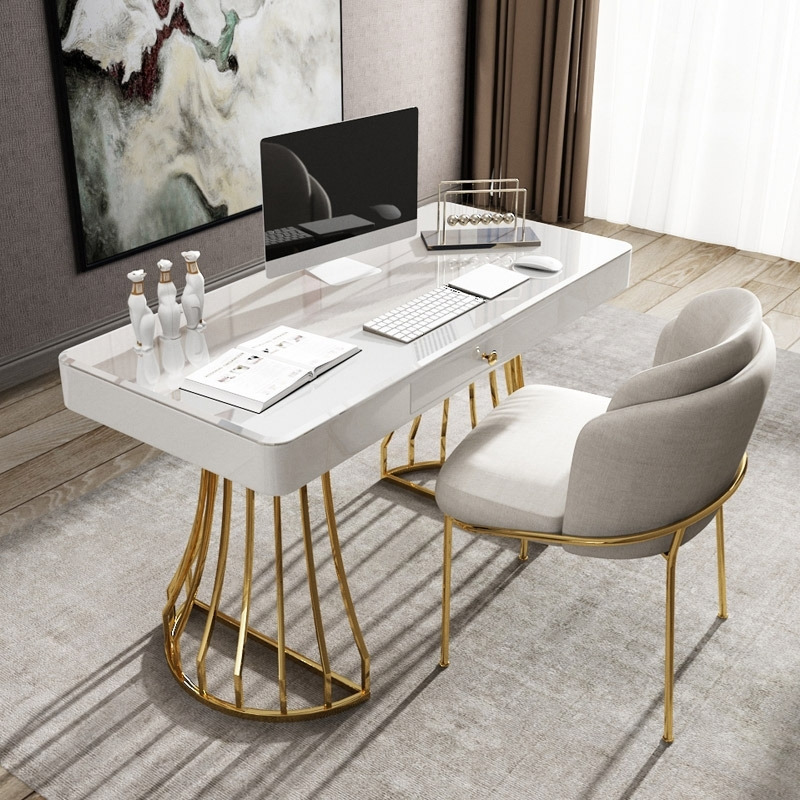 White Office Desk 1200mm Modern Writing Desk Gold Base Stainless Steel