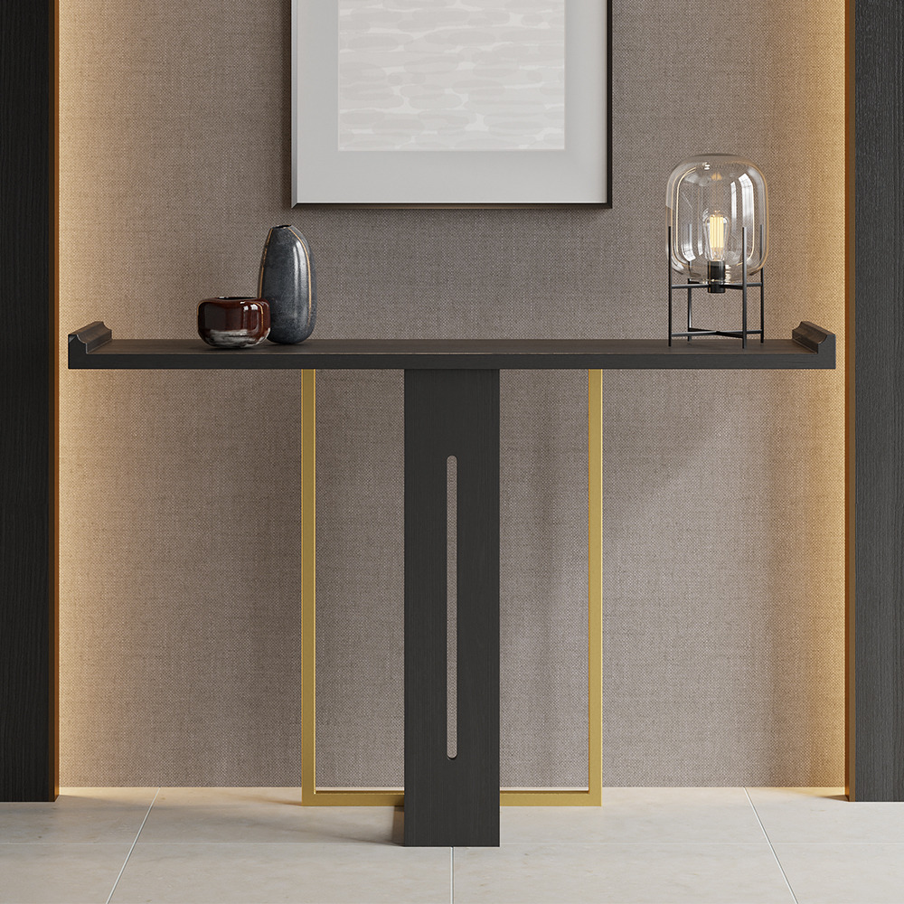 1000mm Narrow Console Table for Hallway Foyer Black Solid Wood & Gold