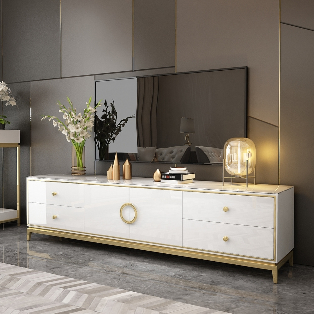 Tile Modern White TV Stand with Drawers & Doors Gold Media Console for ...