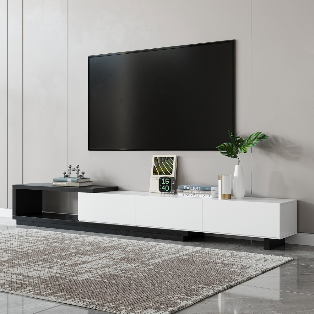 Quoint Modern TV Stand Retracted & Extendable 3Drawer Media Console
