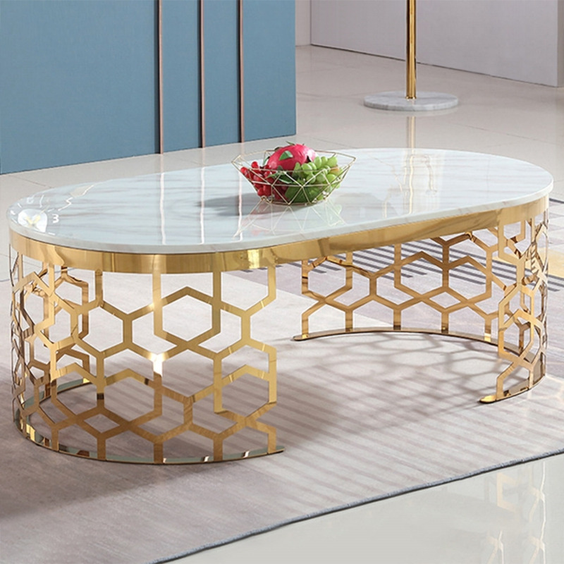 Currs Glam Oval Coffee Table Marble Top with Stainless Steel Frame by