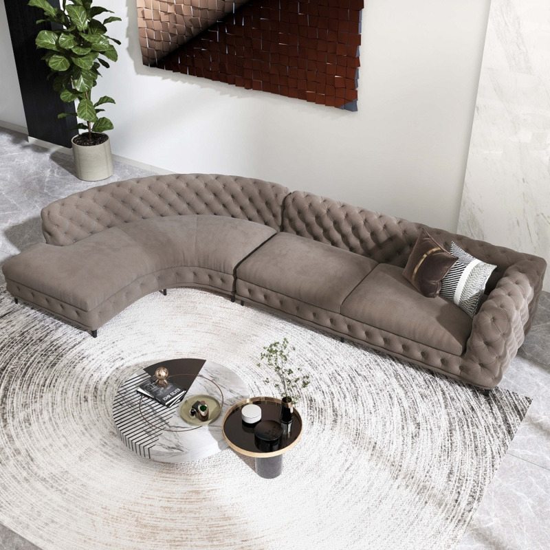 Curved Khaki Sectional Chesterfield Sofa 5Seater Upholstered Velvet