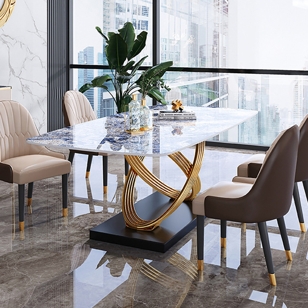 Modern Rectangular Dining Table Sintered Stone Top with Gold Stainless ...