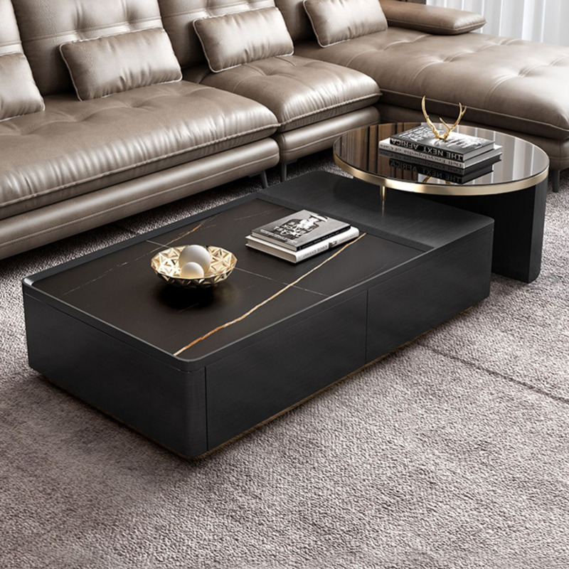 Modern Black Nesting Sintered Stone & Glass Coffee Table with 4 Storage