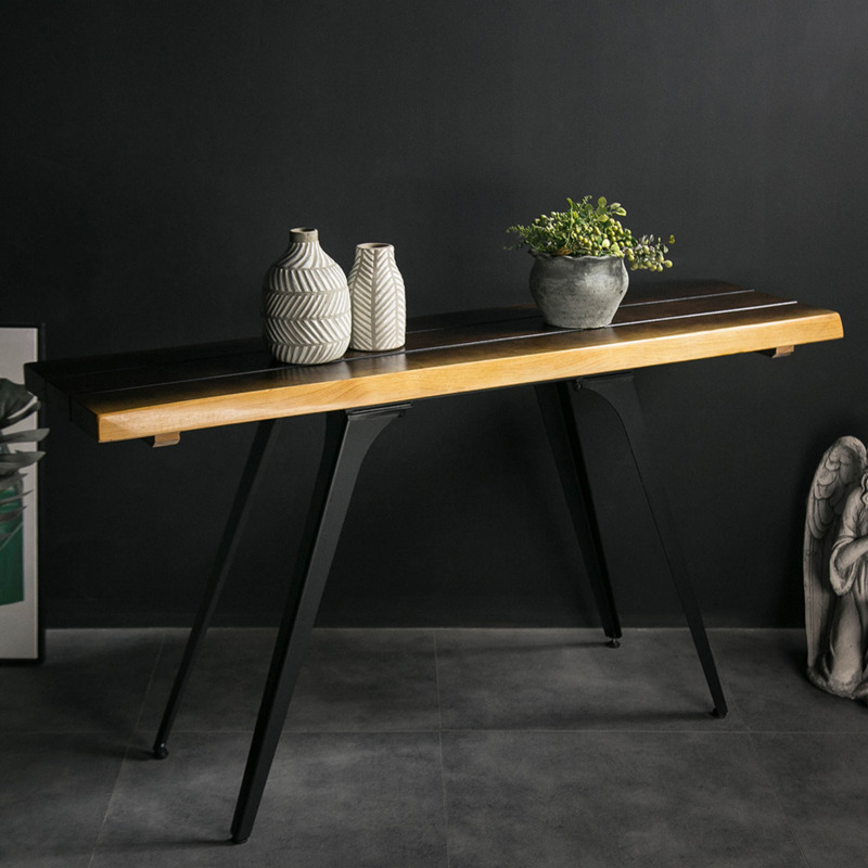 Narrow Black & Natural Wood Console Table Midcentury Modern Entryway