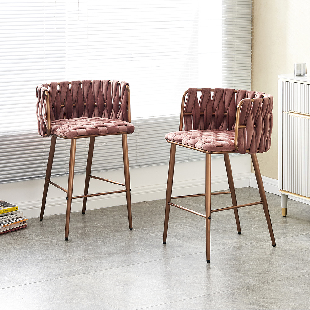 Modern Pink Velvet Counter Stools Set of 2 with Back & Footrest