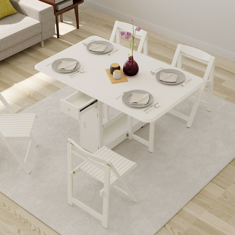 1450mm Modern White Folding Dining Table Set Solid Wood Drop Leaf with