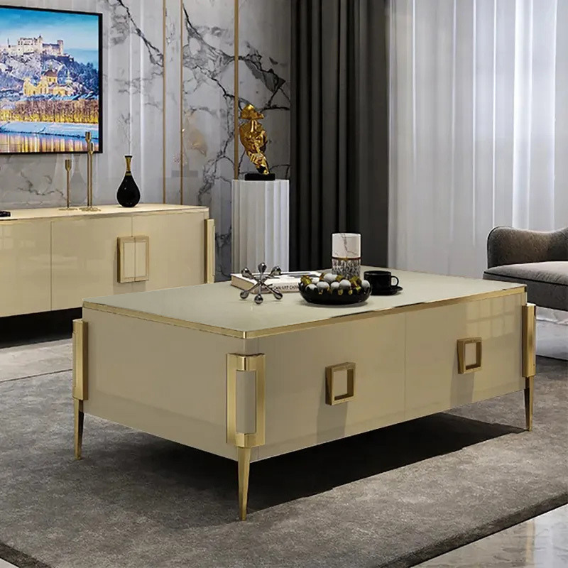 Vectic Modern Gold Rectangular Coffee Table with Drawers & Tempered Glass Tabletop by Homary