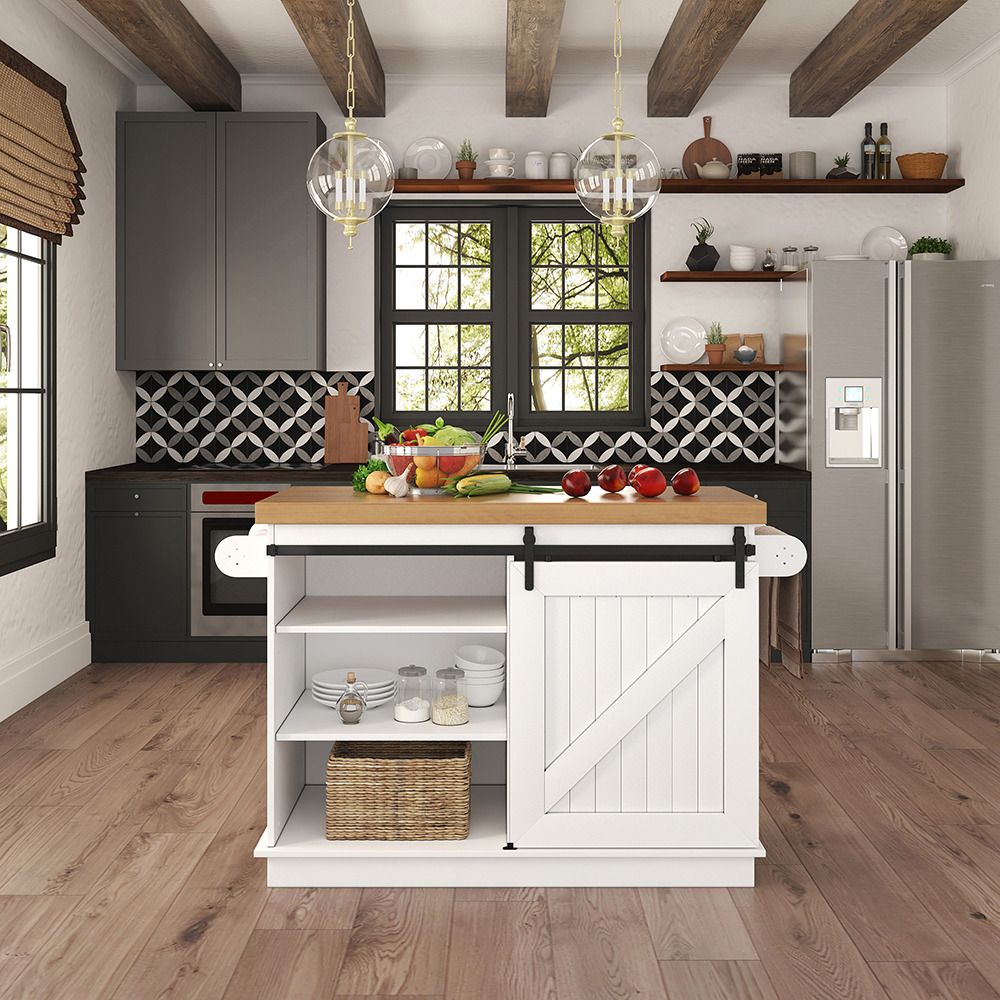 1420mm Drop Leaf Kitchen Island with Breakfast Bar Wood Top in White