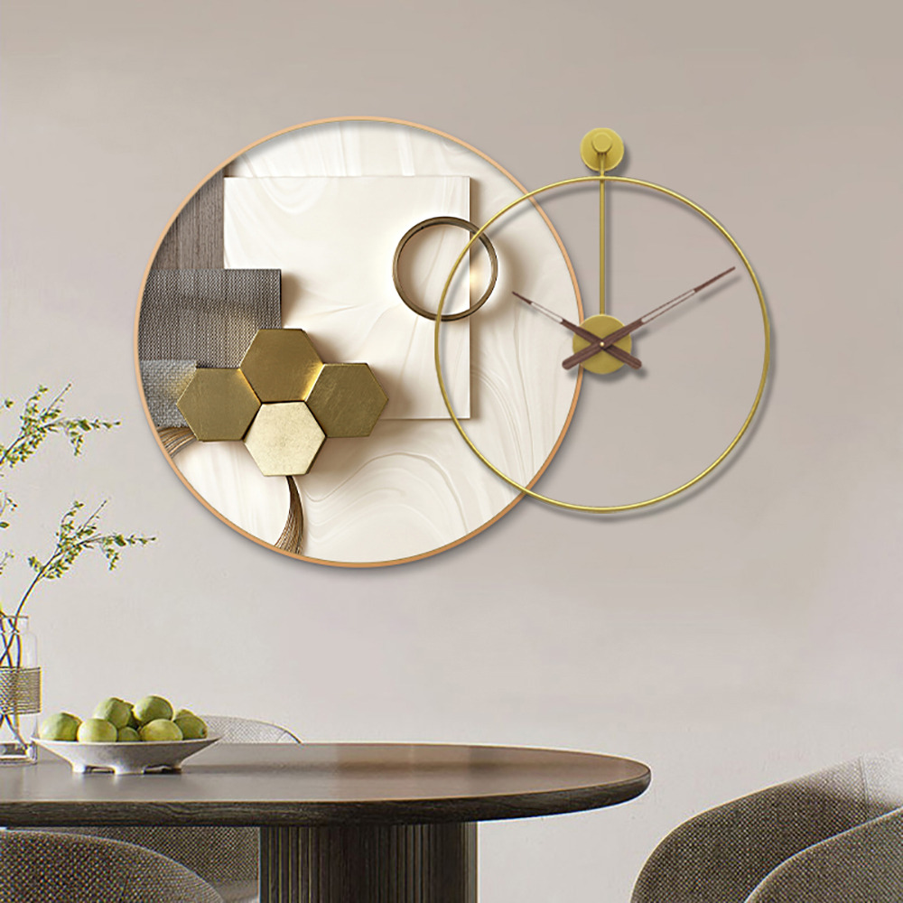 Modern Gold Round Wall Clock Canvas Painting Decor Art with Wood