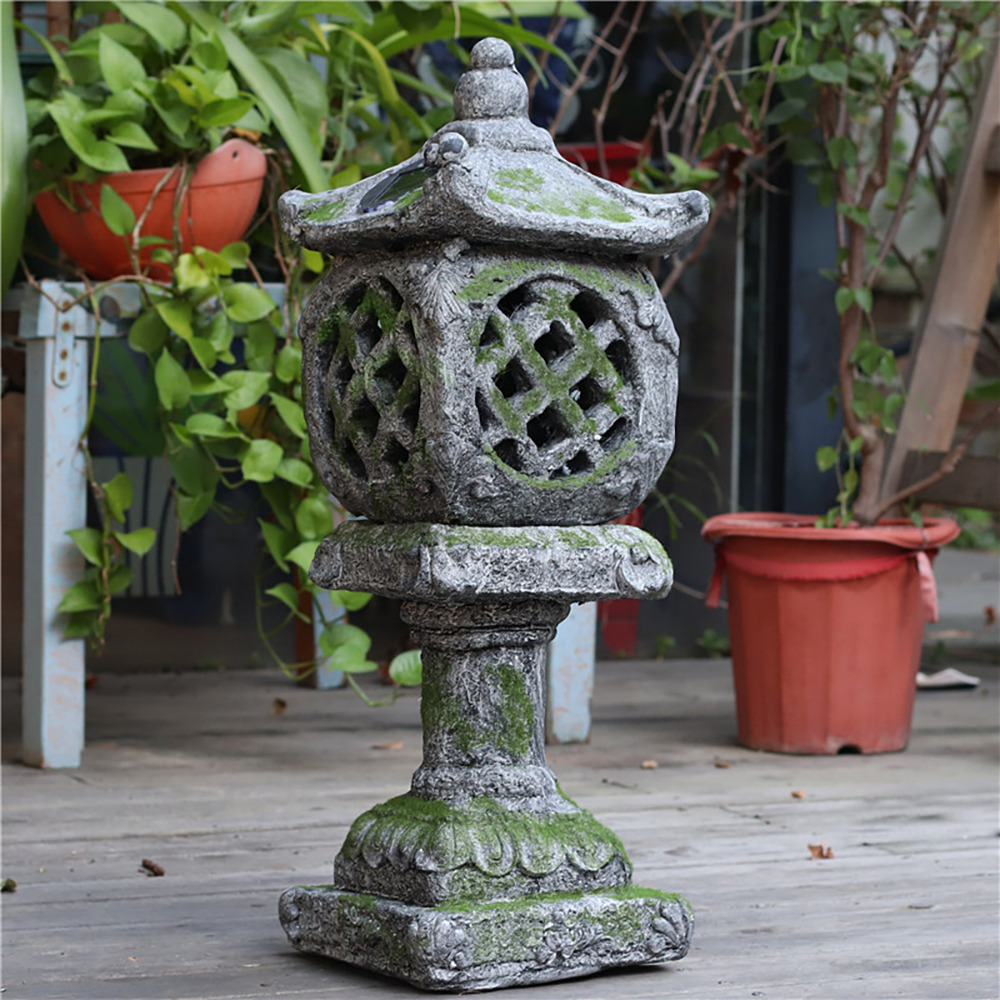 Outdoor Garden Japanese Solar Lantern Sculpture Concrete Gray Resin