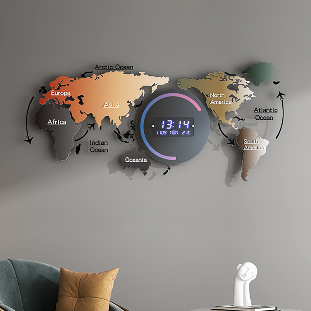 Modern Large Multifunctional World Map Wall Clock Decor With LED