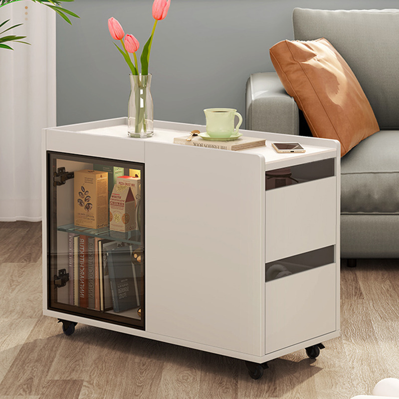 Narrow Side Table Skinny End Table with Wheels 2 Drawer Glass Door