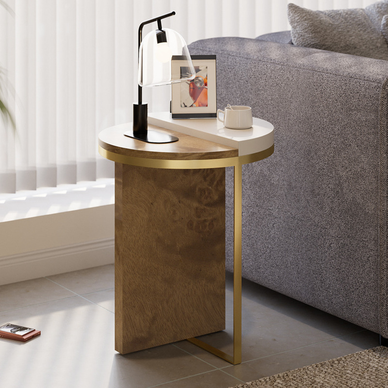 White Round Side Table with Burl Wood Gold Stainless Steel End Table by Homary