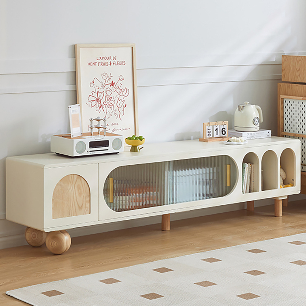 2100mm Wood Off White Sliding Glass Door TV Stand with Arch Bookshelf