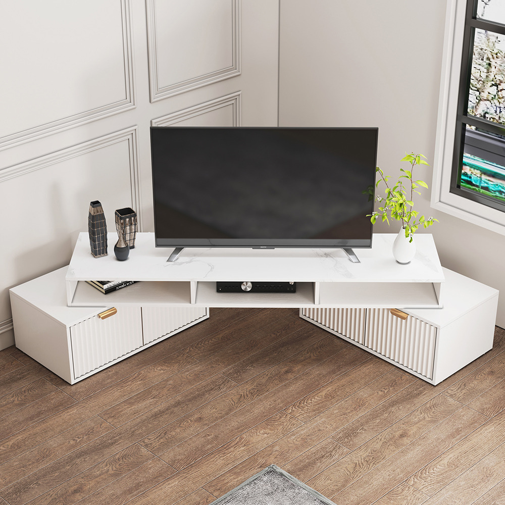 1440mm TV Stand White Corner Media Console Fluted with 2 Drawers & 5