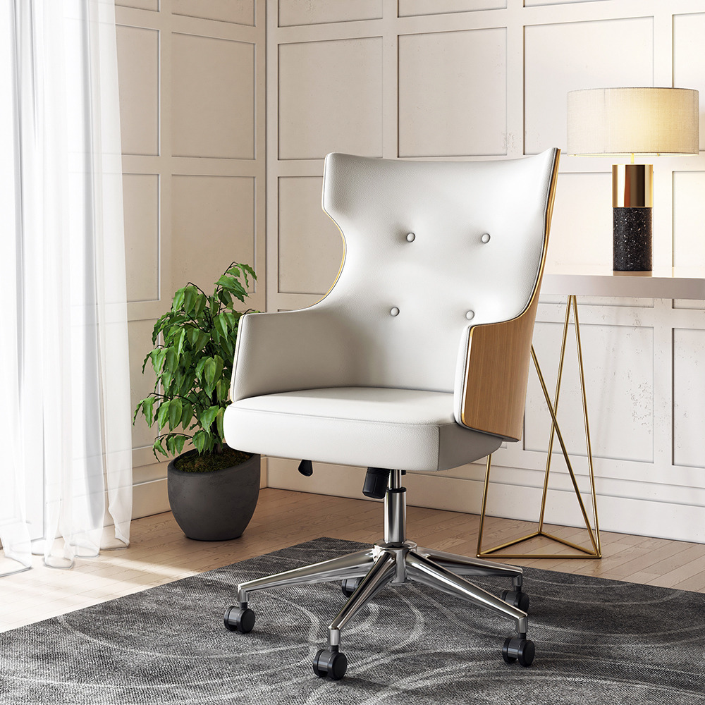 Modern White Leather Swivel Office Chair Adjustable Height Ergonomic