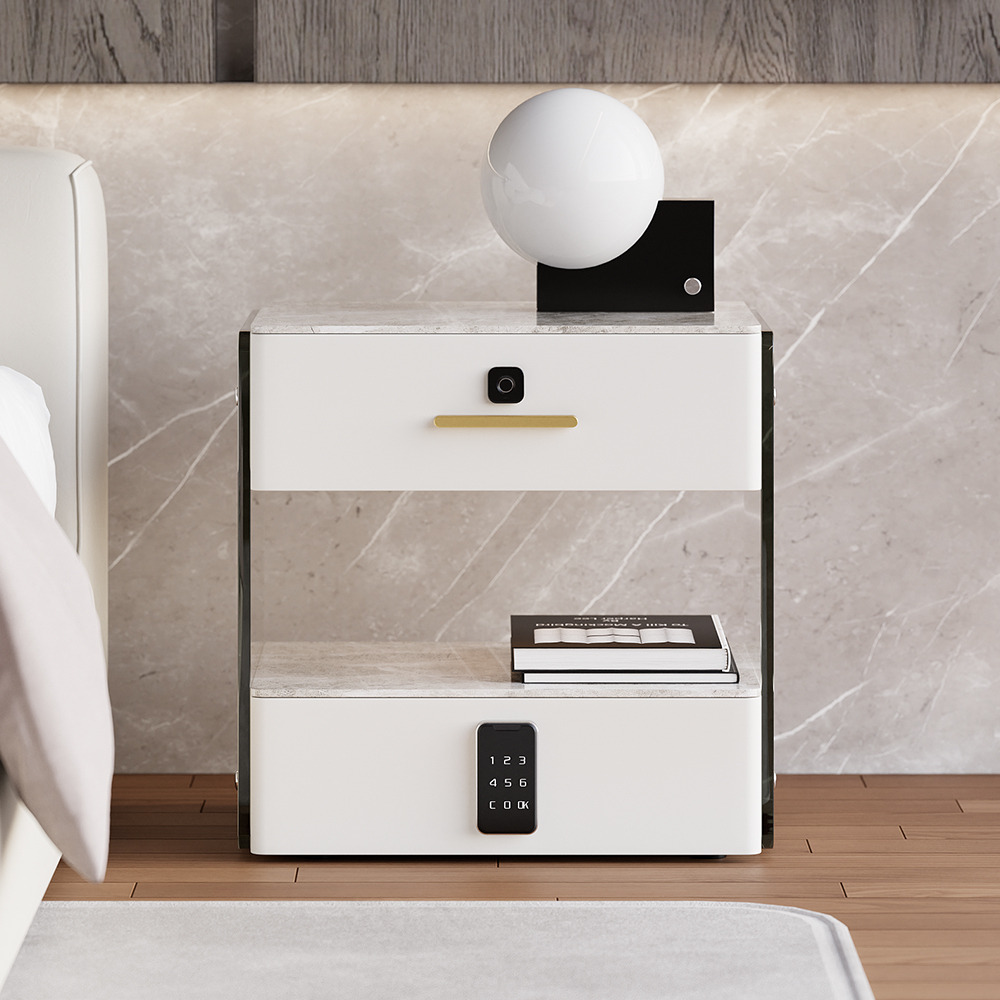 Modern White Smart Leather Nightstand with Sintered Stone Top