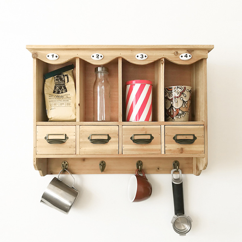 Solid Wood Wall Floating Partition Shelf Wall Cabinet with Hooks and ...