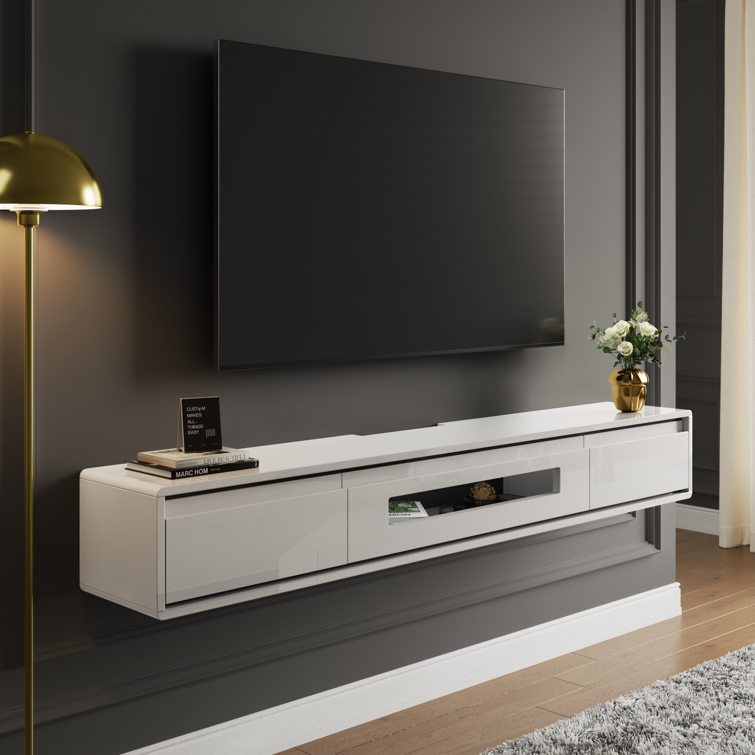 1500mm White TV Stand Postmodern Minimalist Floating Media Console with