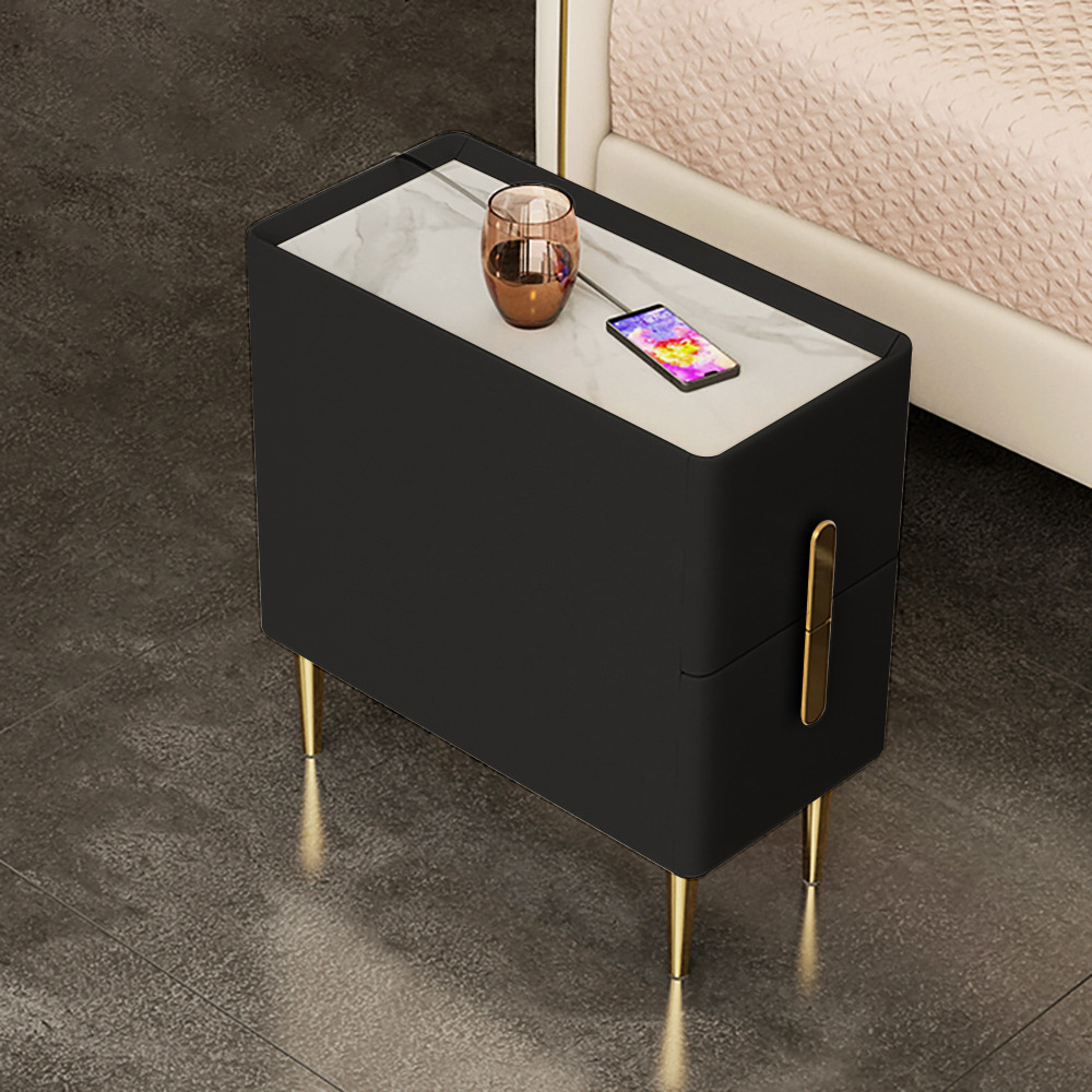 Inarrow Modern Black Leather Nightstand Bedside Table with 2 Drawers in