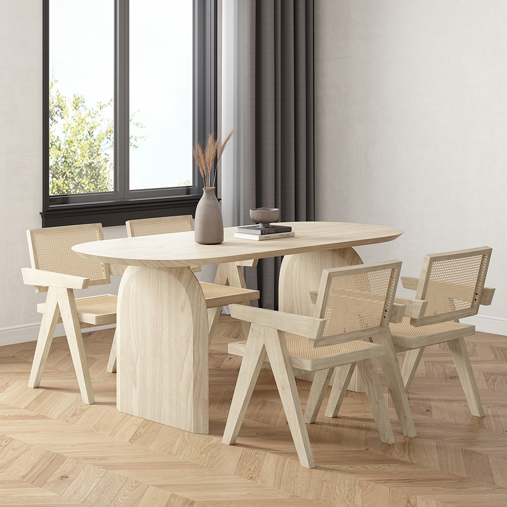 "70.9"" Oval Dining Table Solid Wood for 6 People Japandi Whitewash ...