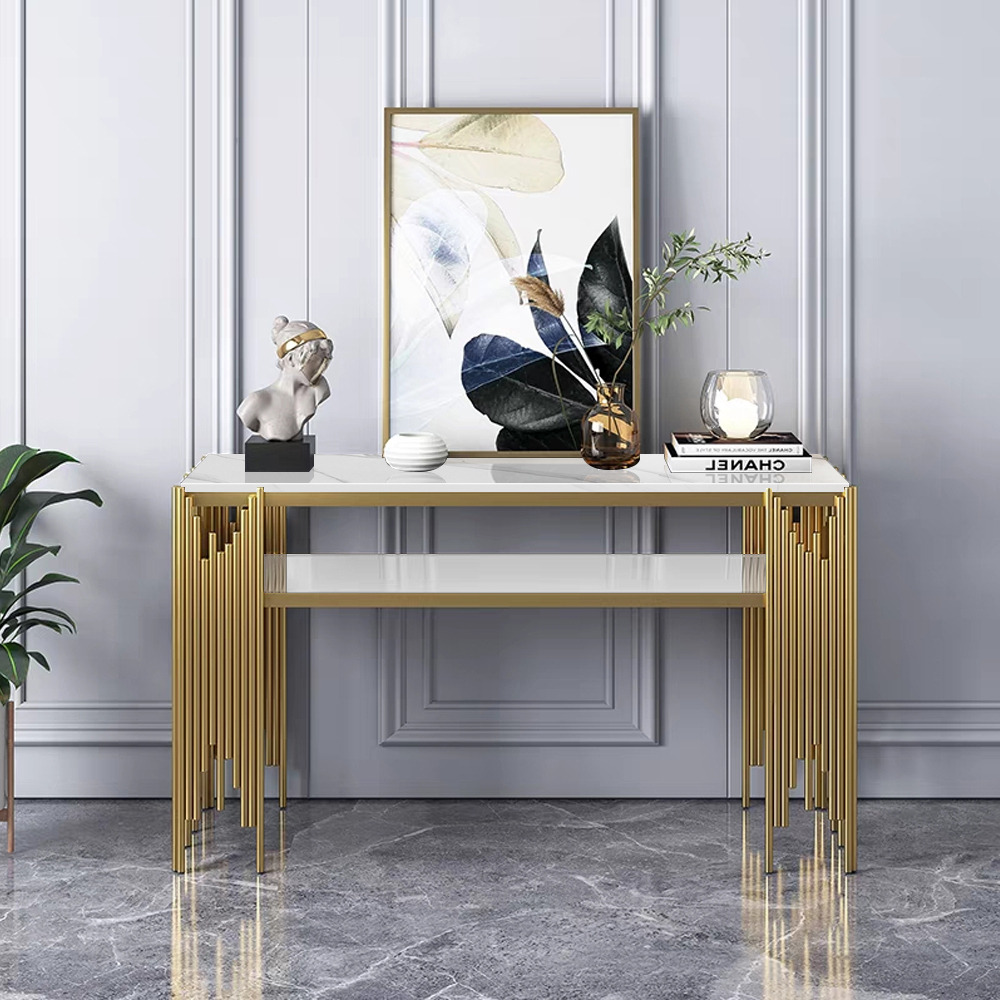 1200mm Modern White Faux Marble Narrow Console Table with Storage Shelf