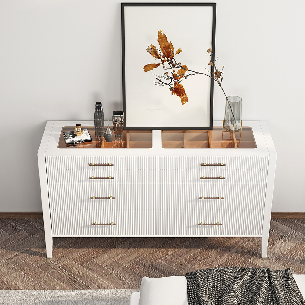 Modern Fluted White Dresser & Chest with Tempered Glass Top & Jewelry