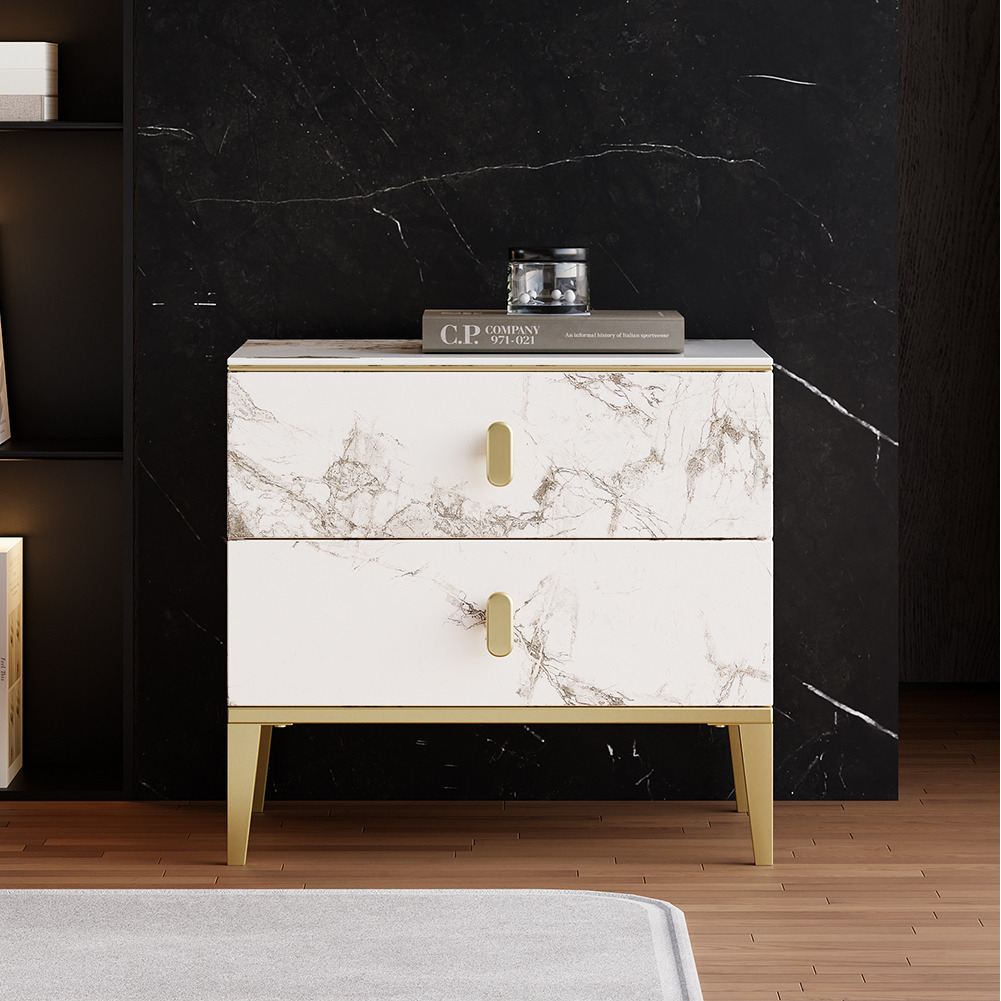 Modern White 2 Drawer Nightstand Marble Veining Bedside Table with