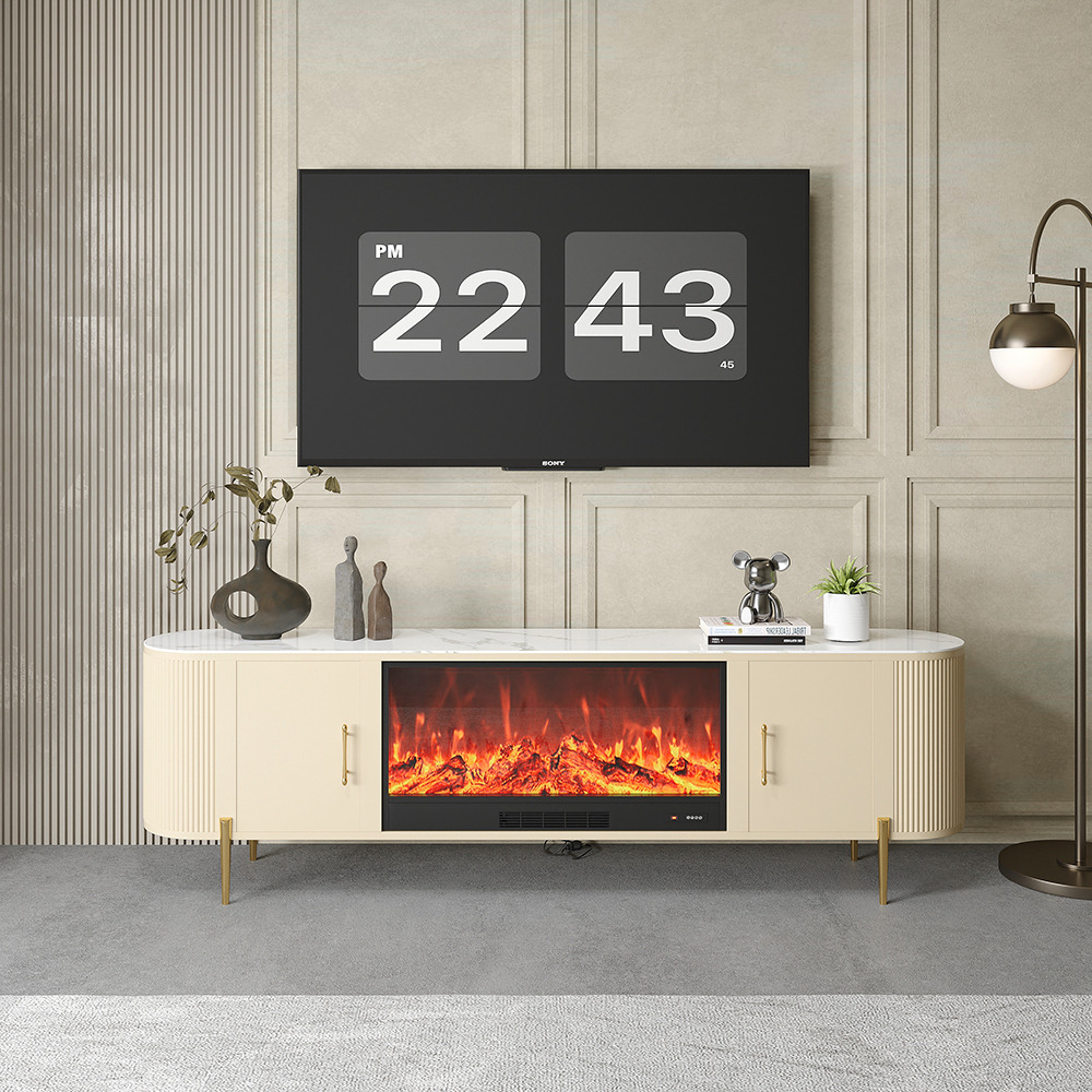2000mm Modern Beige Electric Fireplace Storage TV Stand Sintered Stone ...