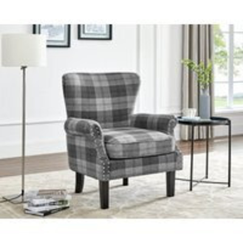 Grey Tartan Wing Back Armchair with Studded Design by Home Detail