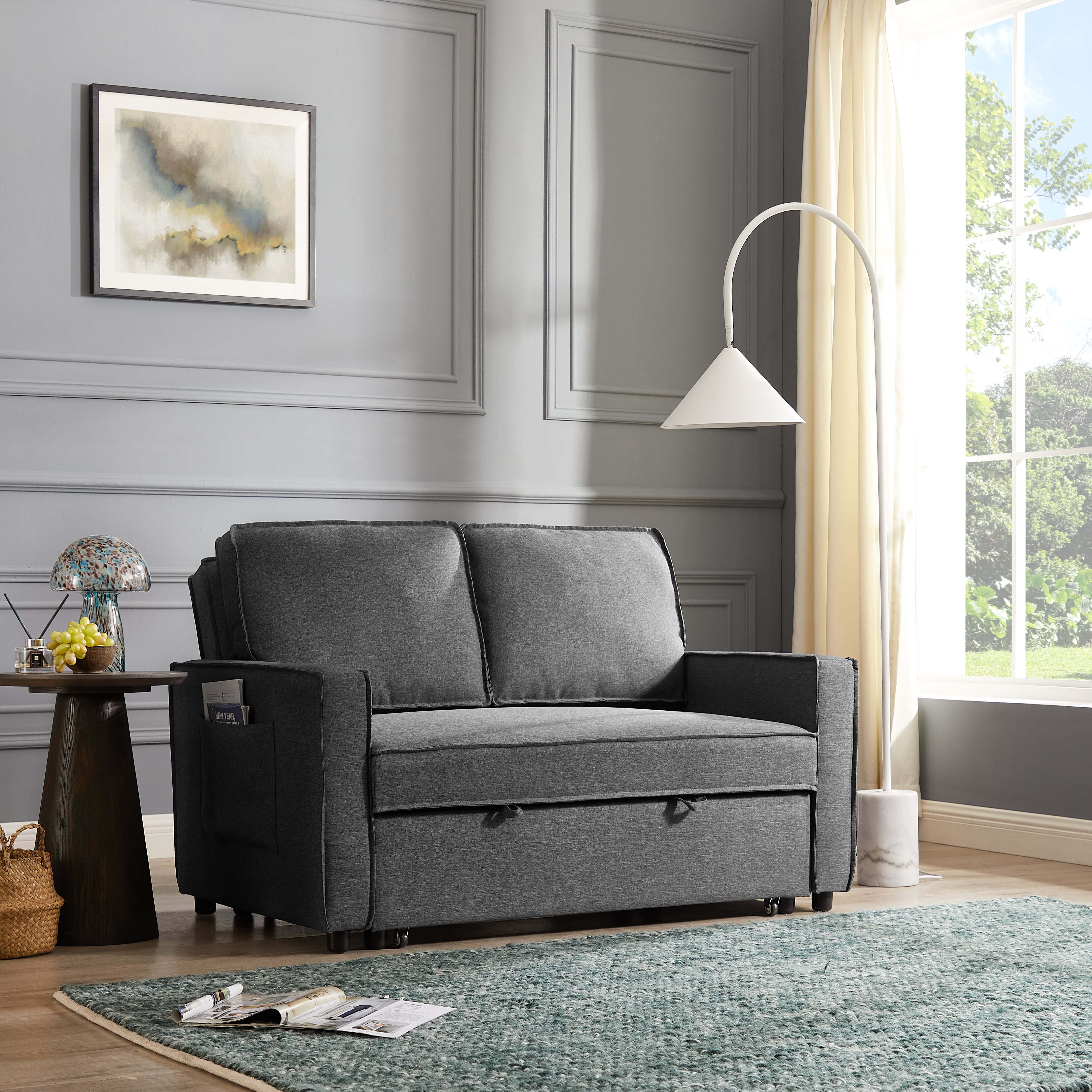 Hugo 2 Seater Sofa Bed Pull Out Linen Fabric, Dark Grey by Home Detail ...
