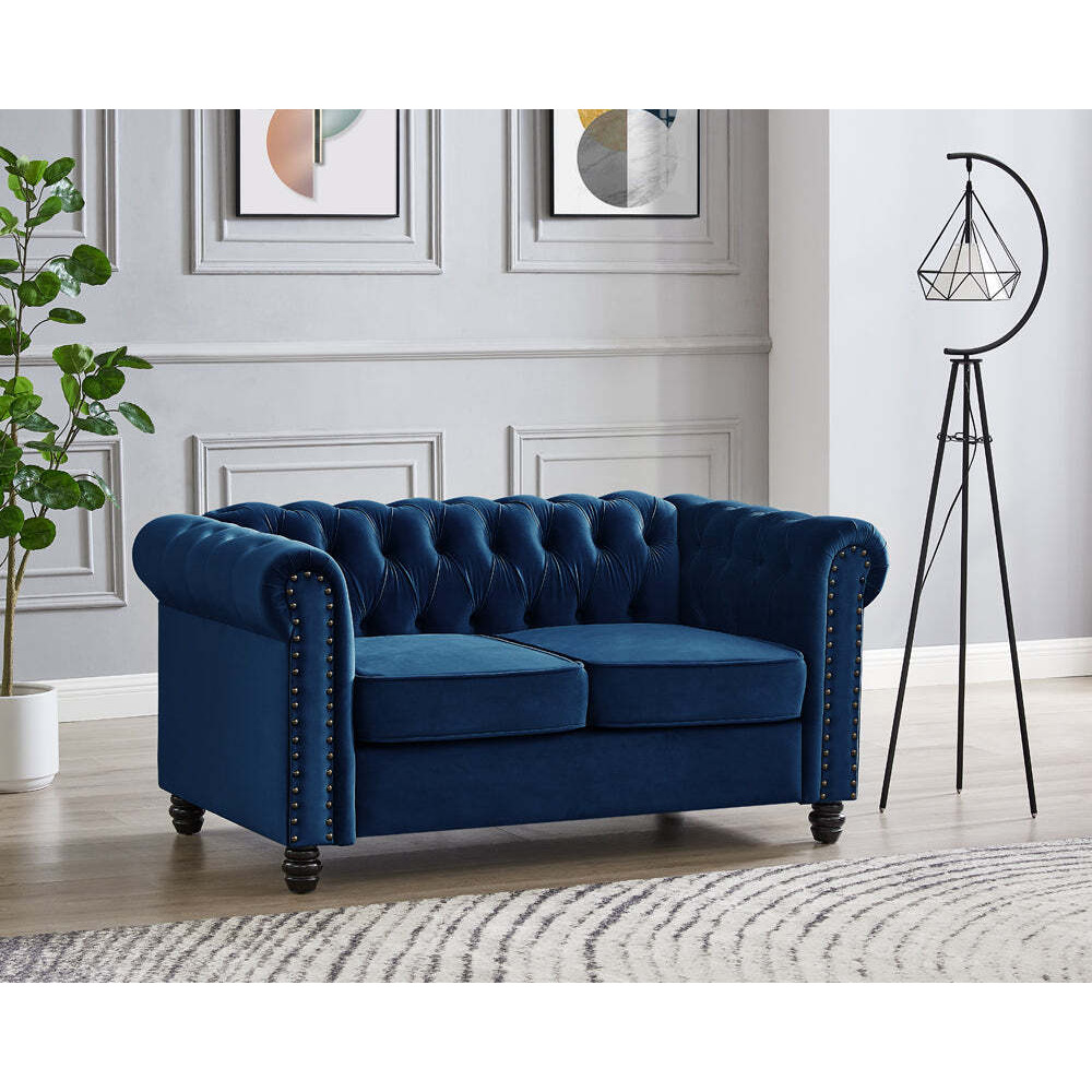 Chesterfield Velvet Fabric 2 Seater Sofa, Blue by Home Detail ...