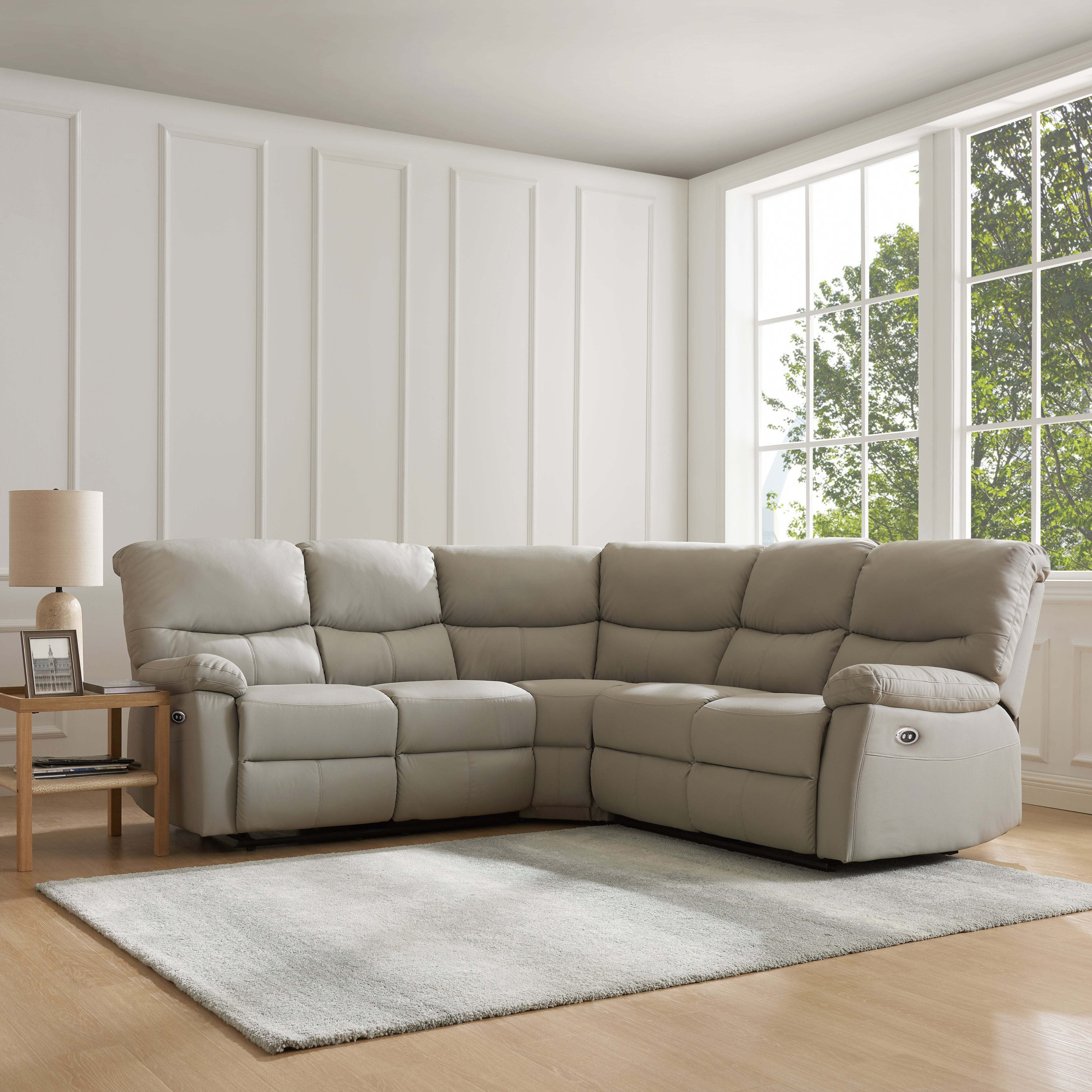 Benton 5 Seater Corner Electric Recliner Sofa, Light Grey Faux Leather