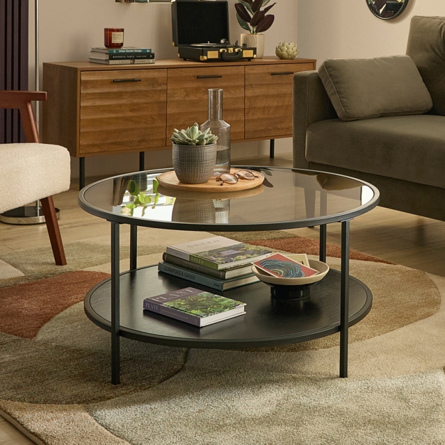Fraser Smoked Glass Round Coffee Table with Shelf - Black by Homebase ...