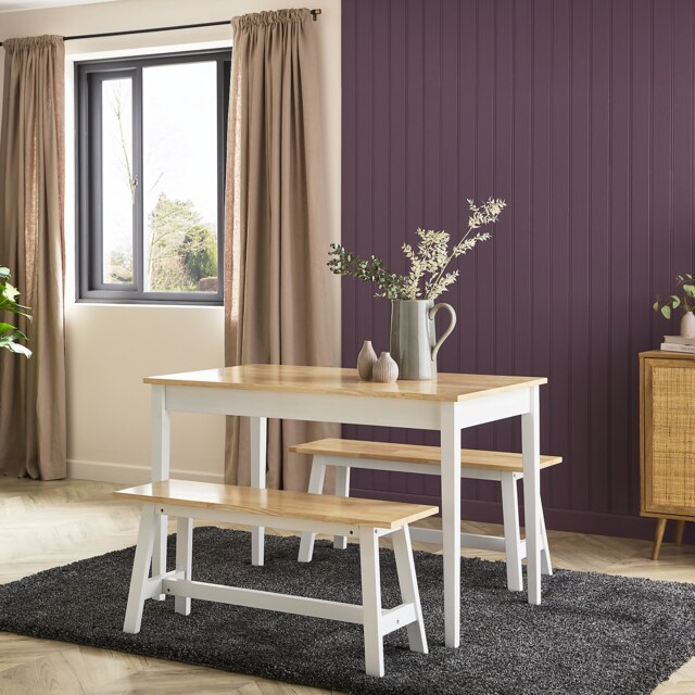 Melrose 4 Seater Oak Effect Dining Table & 2 Oak Effect Benches - Oak ...