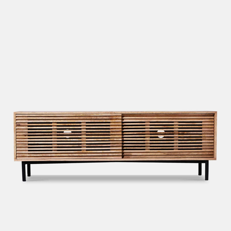 Mid century TV stand mango wood tv unit slatted tv unit ARJUN by